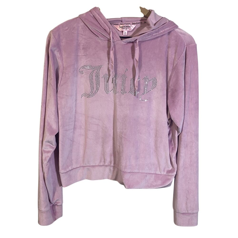 Juicy Couture Pink Velour Juicy Rhinestone Bling Lounge Hoodie Sweatshirt Sz XL